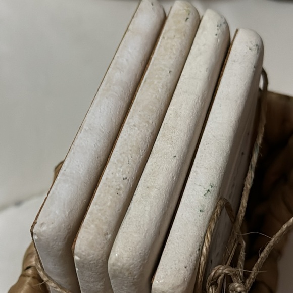 NWT Set of 4 Coasters-Ceramic/Limestone-Printed Phrase-Basket To Store In - Picture 12 of 12